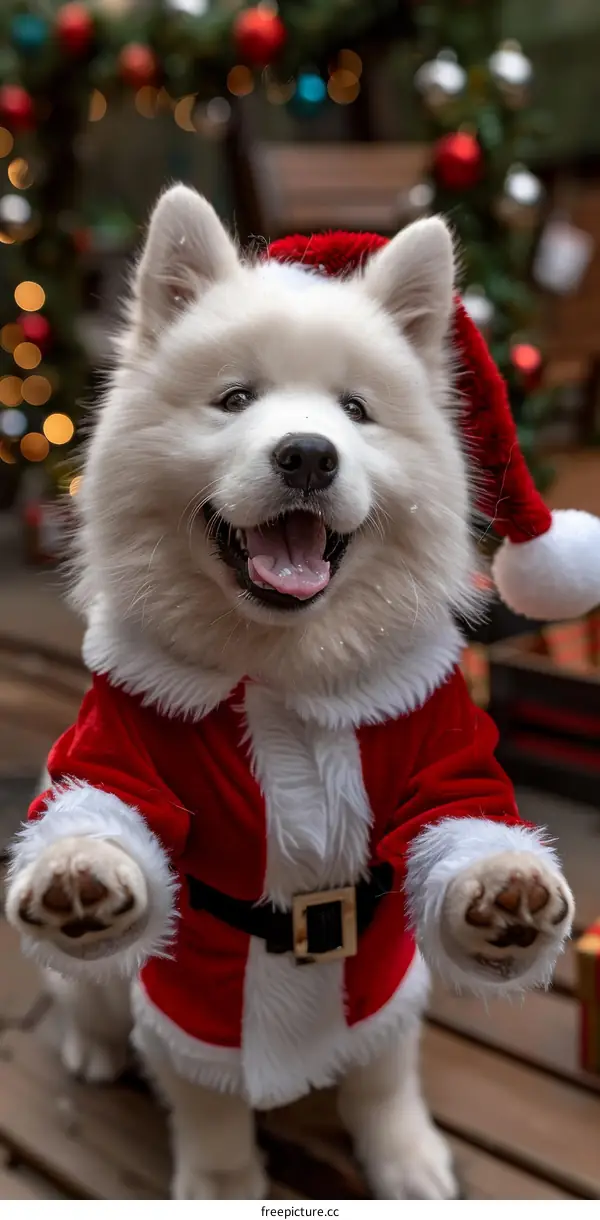 Samoyed dog dressed as Santa Claus