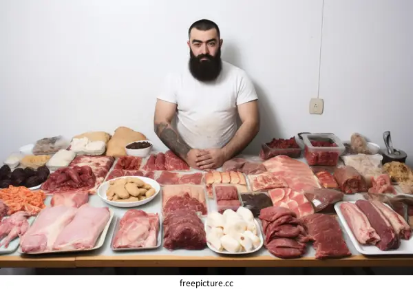 A butcher poses with a large variety of raw meats.