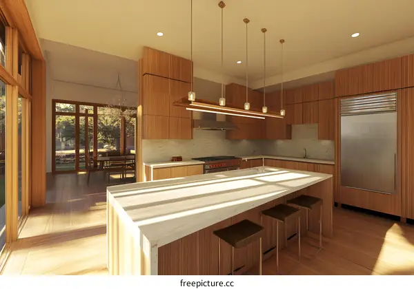 Modern Kitchen Design With Wooden Cabinets and Island