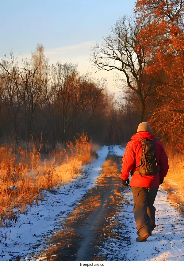 Man Walking Alone on a Snowy Trail in the Woods
