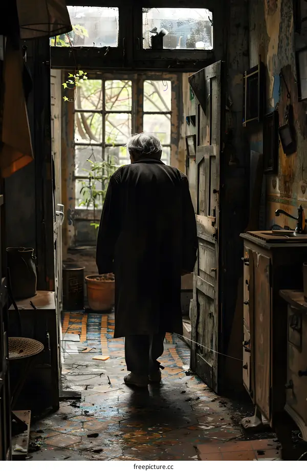 An old man walks through a decrepit hallway