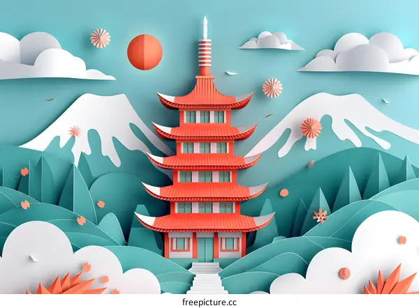 A red pagoda with mountains and clouds in the background