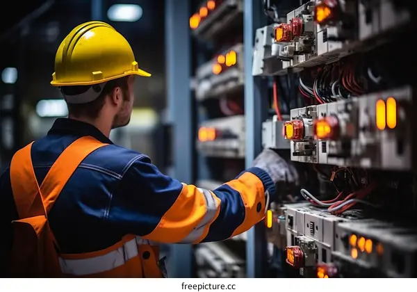 technician in hard hat inspecting electrical control panel
