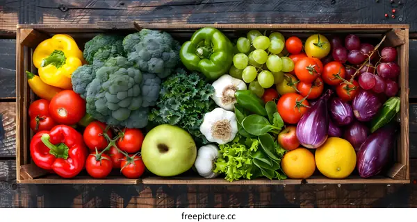Colorful variety of fresh organic vegetables and fruits in a wooden box