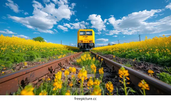 Yellow Train Tracks Through a Field of Yellow Flowers