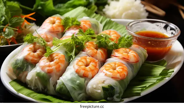 Fresh and healthy Vietnamese spring rolls with vegetables and shrimp