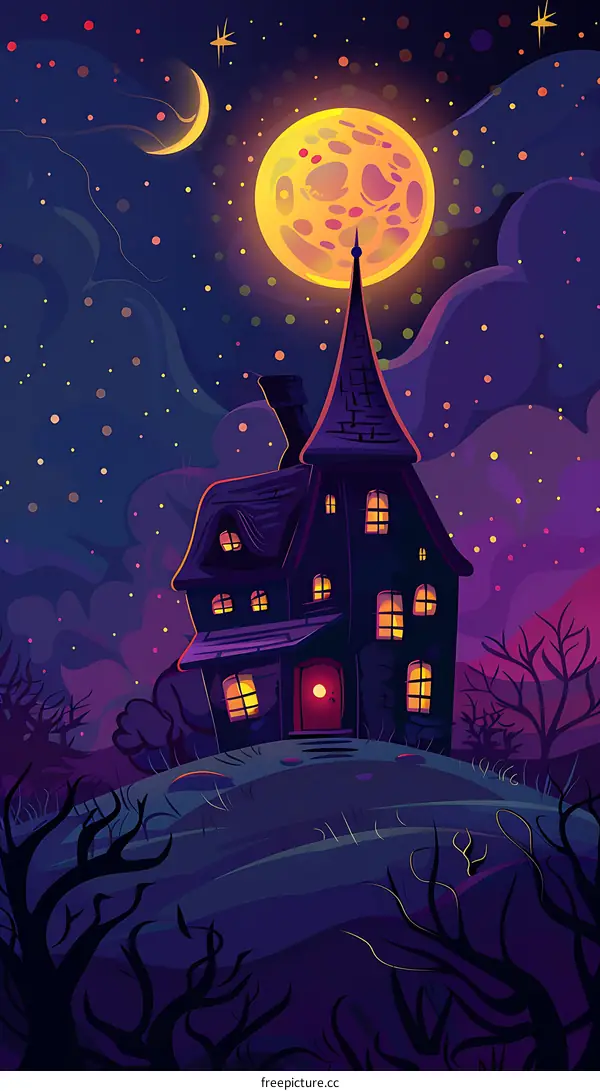 Spooky Halloween House With Full Moon And Stars