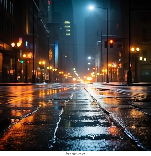 Rainy Night in the City with Skyscrapers