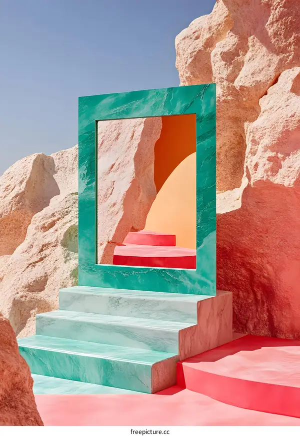 Abstract Green Frame with Steps in Front of Pink Rocks