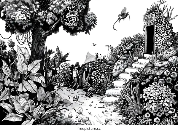 Black and White Illustration of a Jungle Path Leading to a Stone Building
