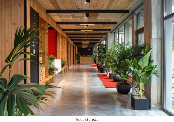Modern Office Hallway with Greenery