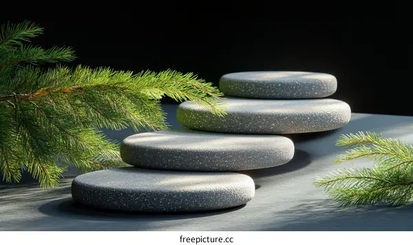 Gray Stone Steps with Pine Branches