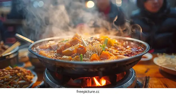 A group of people are eating a hot pot meal together
