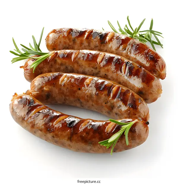 Grilled sausages with rosemary on white background