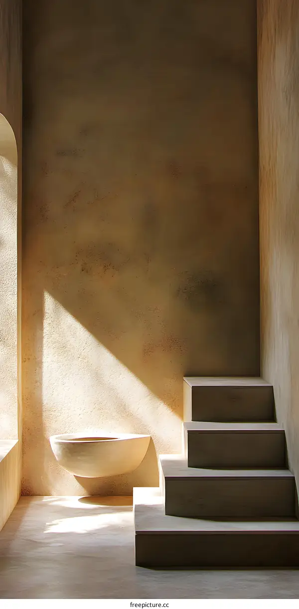Minimalist Interior Design with Concrete Steps and a Wall Mounted Bowl