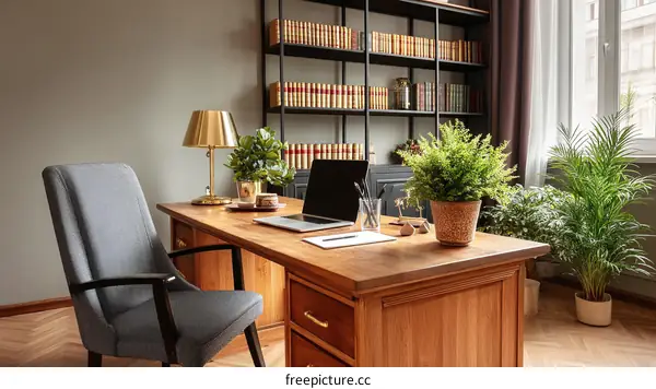 Elegant Home Office Workspace with Wooden Desk