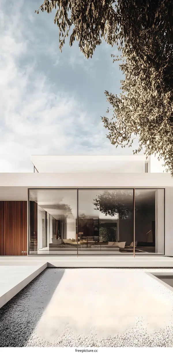 Modern Minimalist House Exterior with Glass Walls and Gravel Courtyard