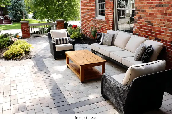 Outdoor Patio Furniture Arrangement with Brick Wall