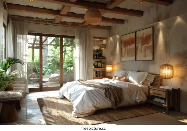 Bohemian Bedroom with Garden View Illustration
