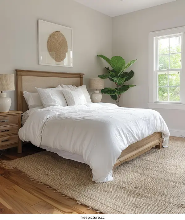 A Bright Bedroom With White Linens and a Natural Fiber Rug