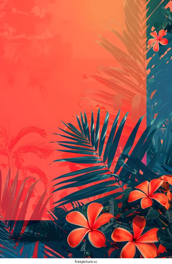 Tropical Leaves and Flowers with Orange Background