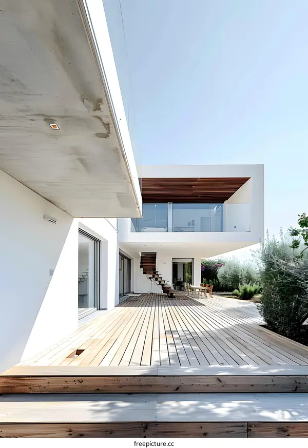 Modern White Minimalist House with Wooden Deck and Spiral Staircase