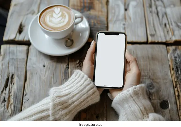 A woman in a white sweater holding a white iPhone with a blank screen