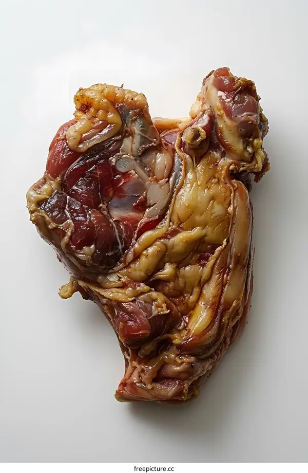 A close-up image of a raw beef heart on a white background
