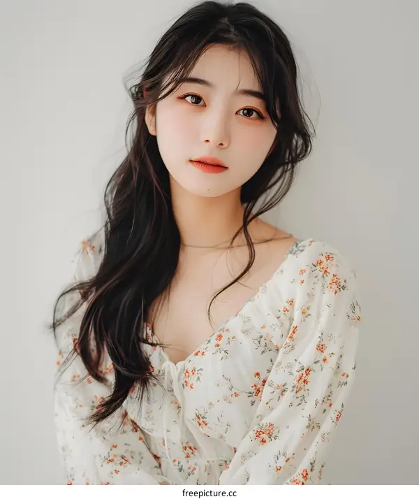 Portrait of a Young Asian Woman with Long Black Hair and a Floral Blouse