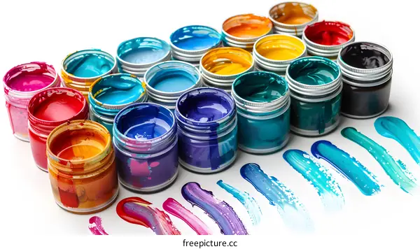 Colorful Paint Jars And Strokes On White Background