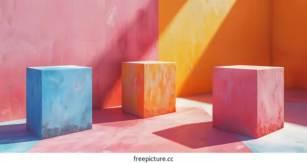 Three boxes painted in blue, orange and pink placed in a room with color gradients on the walls and floor