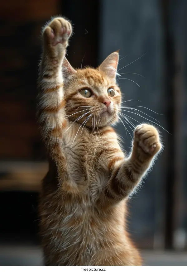A ginger cat is standing on its hind legs with its paws in the air