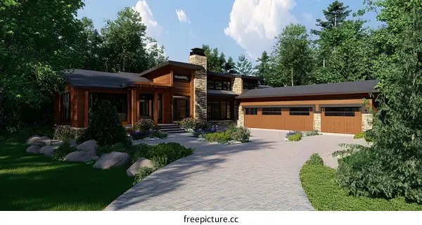 Modern House Design with Stone Chimney and Green Landscaping