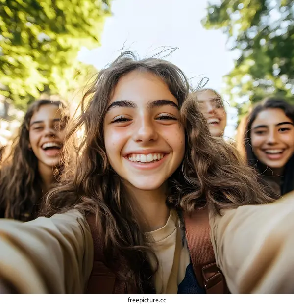 Smiling Teen Girls Taking Selfie With Nature Background