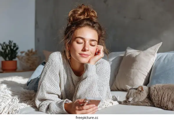 Relaxing Woman with a Cat on a Bed