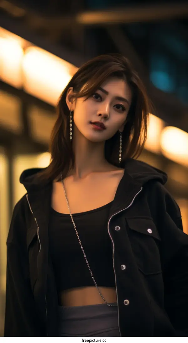 Portrait of a young woman in a black jacket looking at the camera with a serious expression