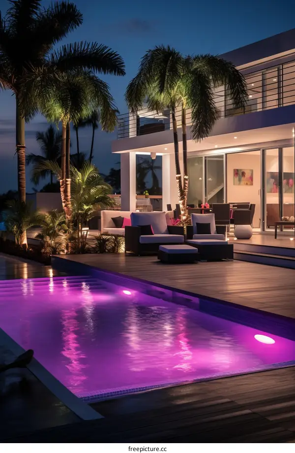 Modern villa with swimming pool and palm trees