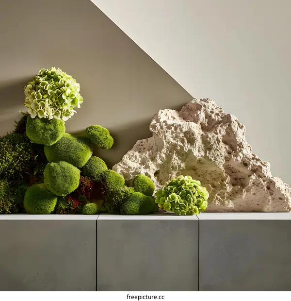 Green Moss and Stone Arrangement on Gray Platform