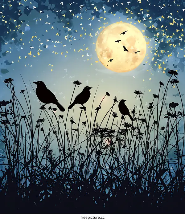 Silhouettes of Birds in Grassland with Full Moon and Stars