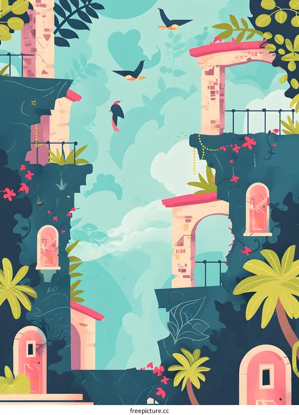 Tropical Landscape Illustration with Birds and Buildings