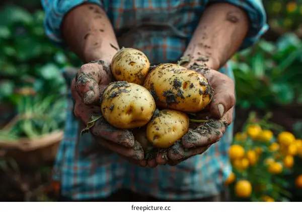 A farmer holding freshly harvested potatoes in his hands