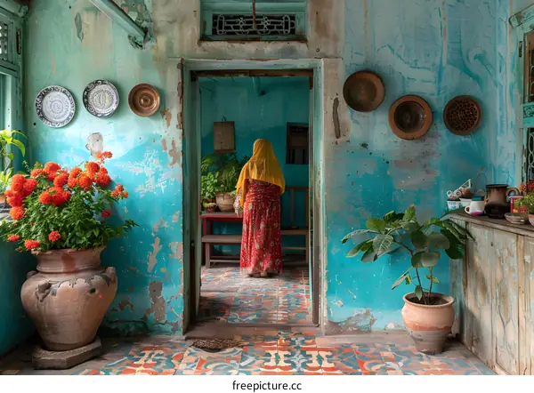 A woman standing in a doorway.