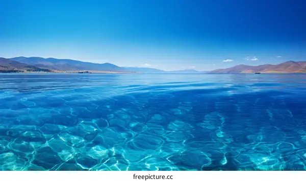 Crystal clear blue lake water surface with mountain landscape in the background