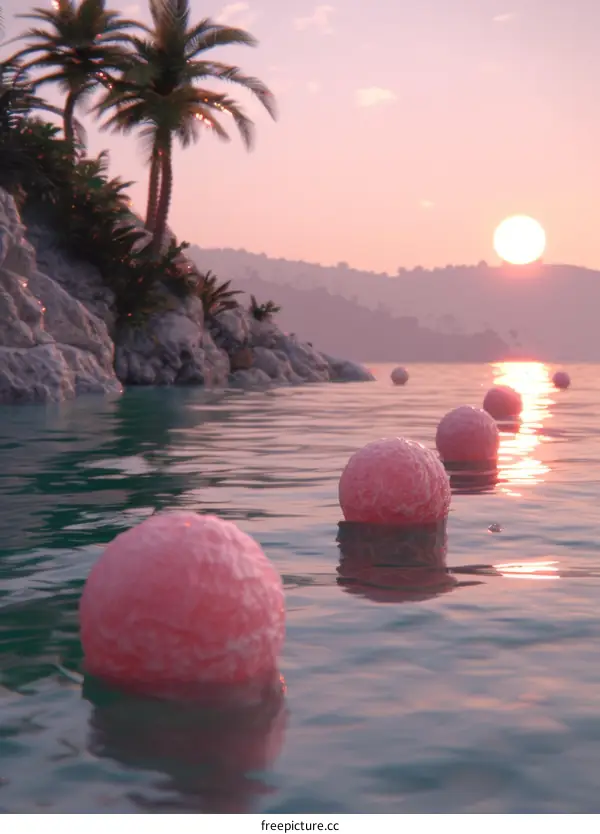 Pink Spheres Floating on Water with Island and Sunset