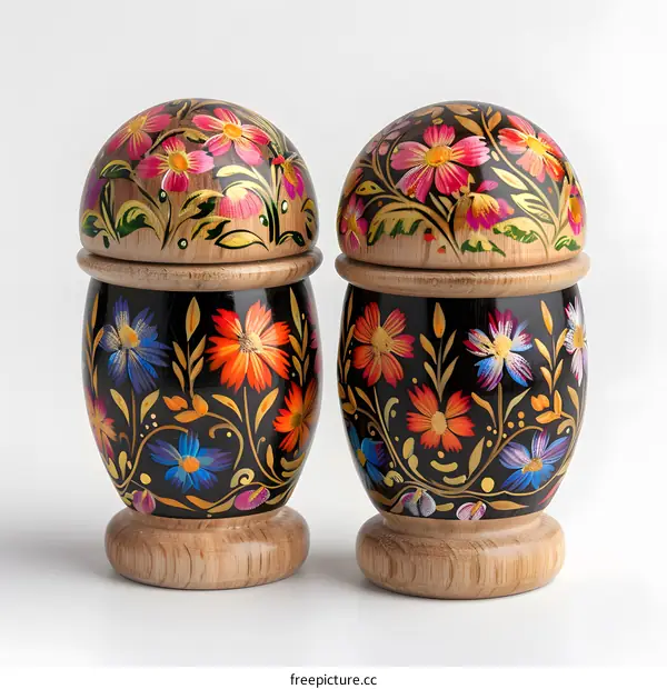 Two Russian wooden salt and pepper shakers with floral design
