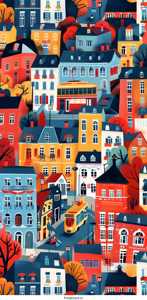 Colorful Cityscape Illustration With Buildings and Transportation