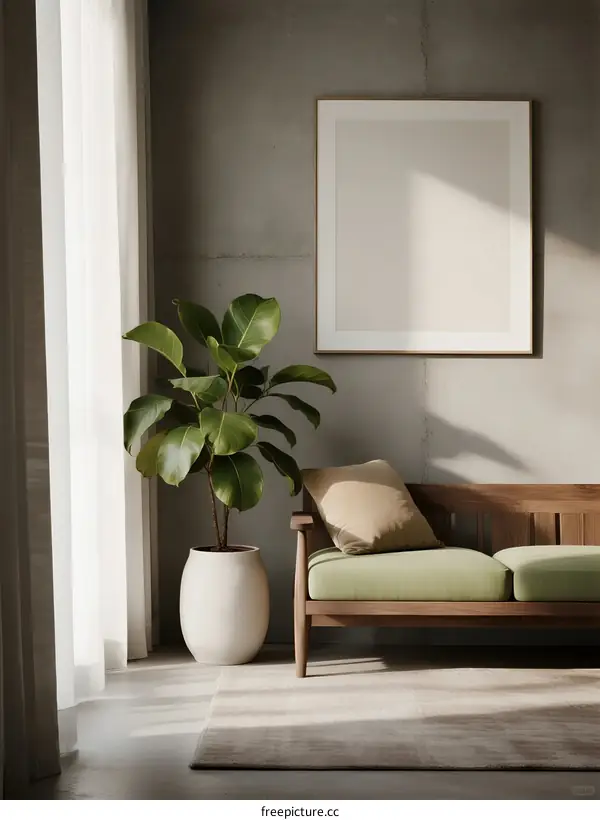 Modern Minimalist Living Room with Wooden Sofa and Green Plant