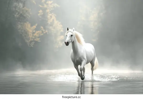 Majestic White Horse in Misty Forest River Scene