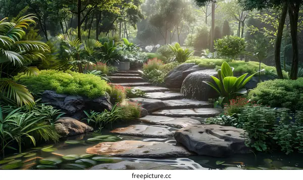 Tropical Garden Pathway with Stone Steps