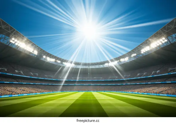 Huge stadium with bright lights and green field